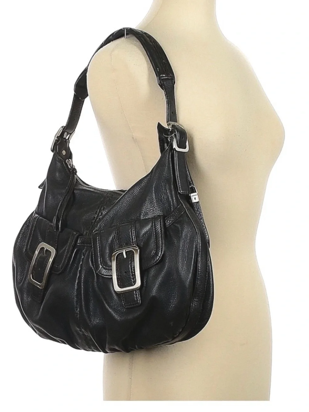 ✨COLE HAAN Y2K Large Black Leather Hobo Slouchy Shoulder Bag Buckles Pockets Zip